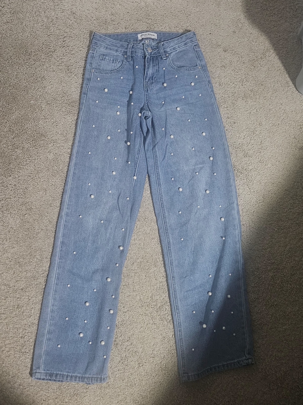 Ashley Mason Light Blue Pearl-Embellished Straight Leg Jeans